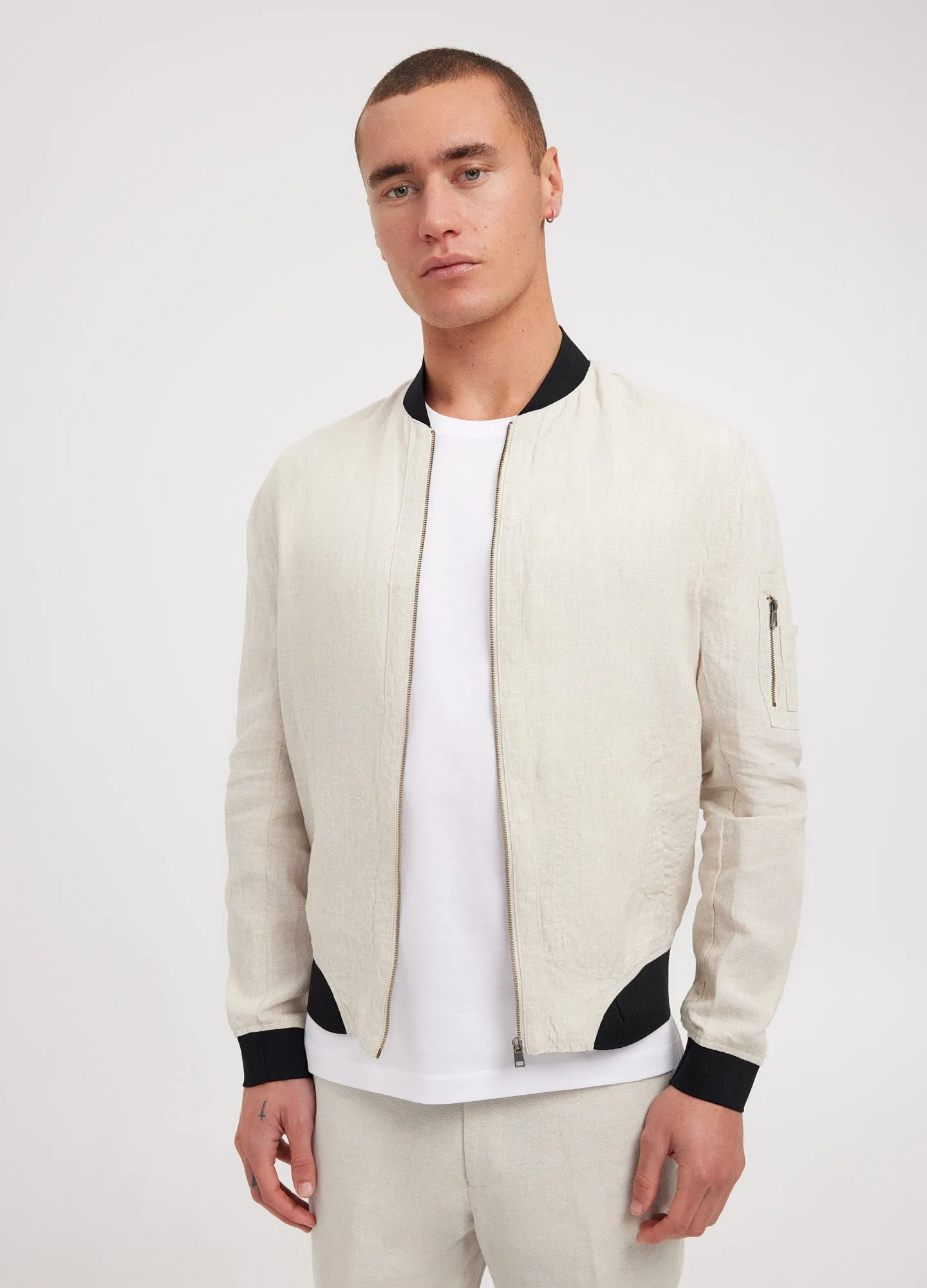 Linen Zip Through Bomber Jacket Natural