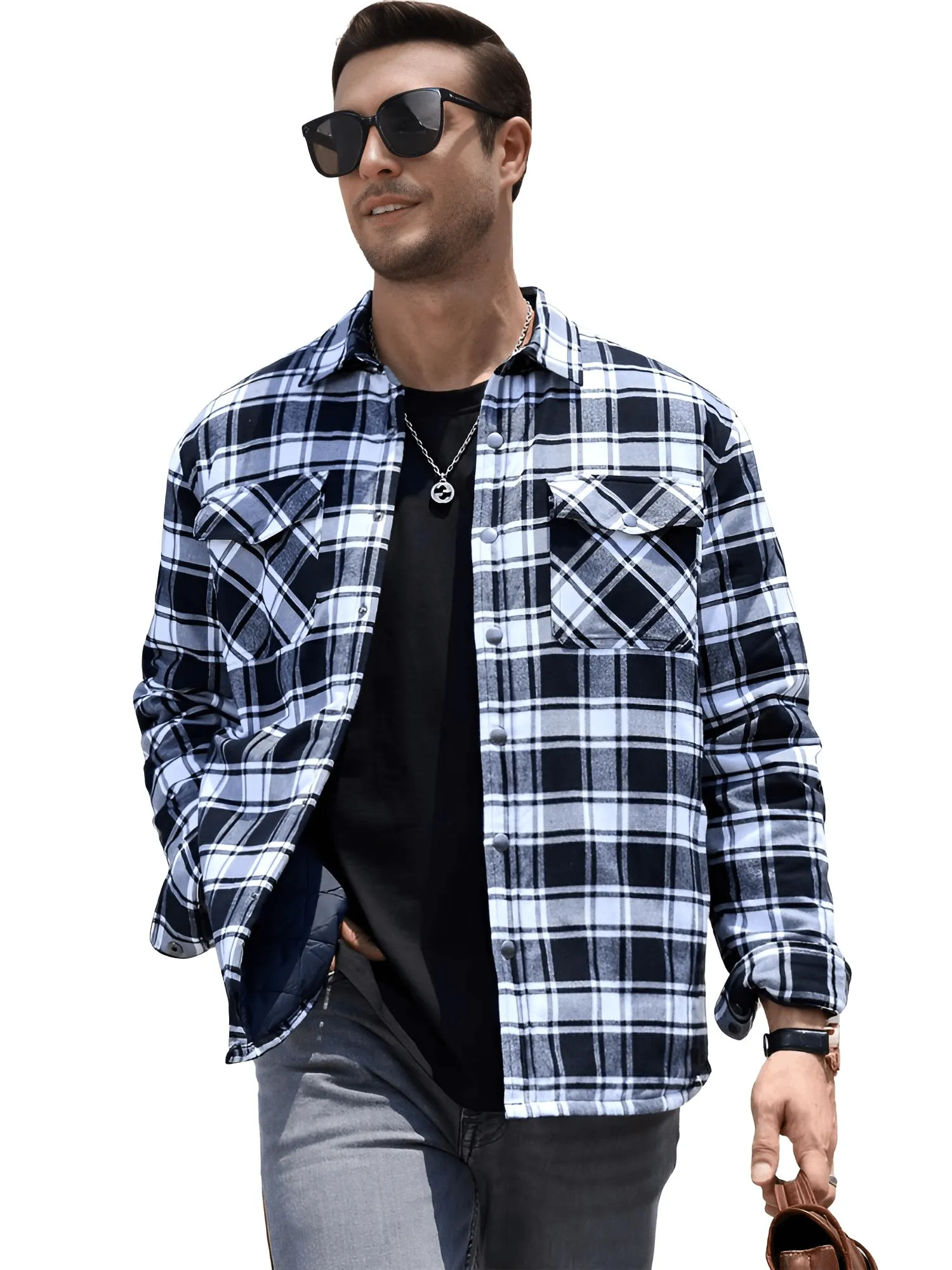 Long Sleeve Quilted Lined Men's Flannel Shirt Jackets