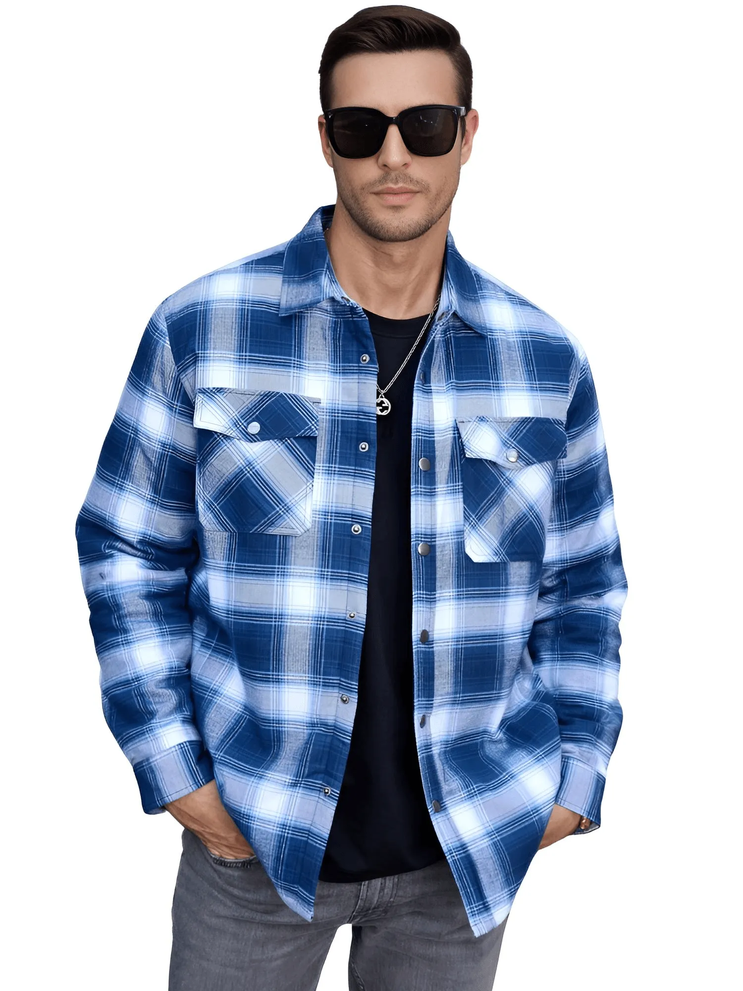 Long Sleeve Quilted Lined Men's Flannel Shirt Jackets