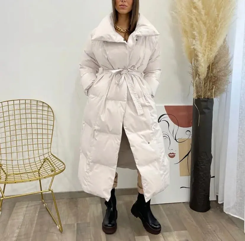 Long Tie Up Waist Puffer Jacket