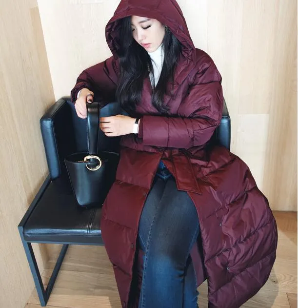 Loose Fitting Winter Puffer Coat Duck Down Jacket, Hooded Down Jacket Women With Waist Line 3220