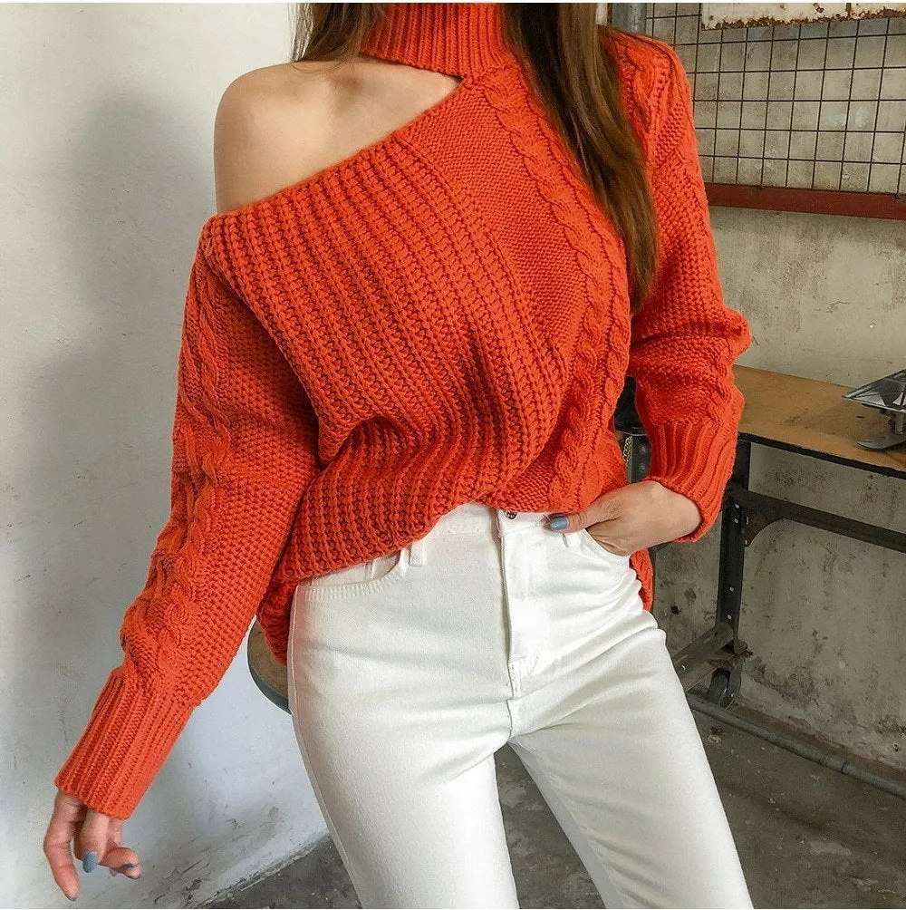 Loose Knitted One-Shoulder Sweater