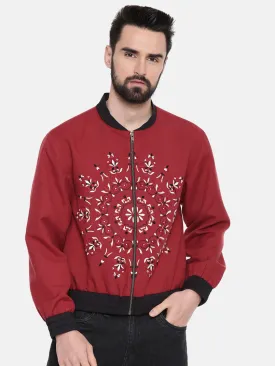 Mandala Embroidery Red Bomber Jacket - MMBJ010