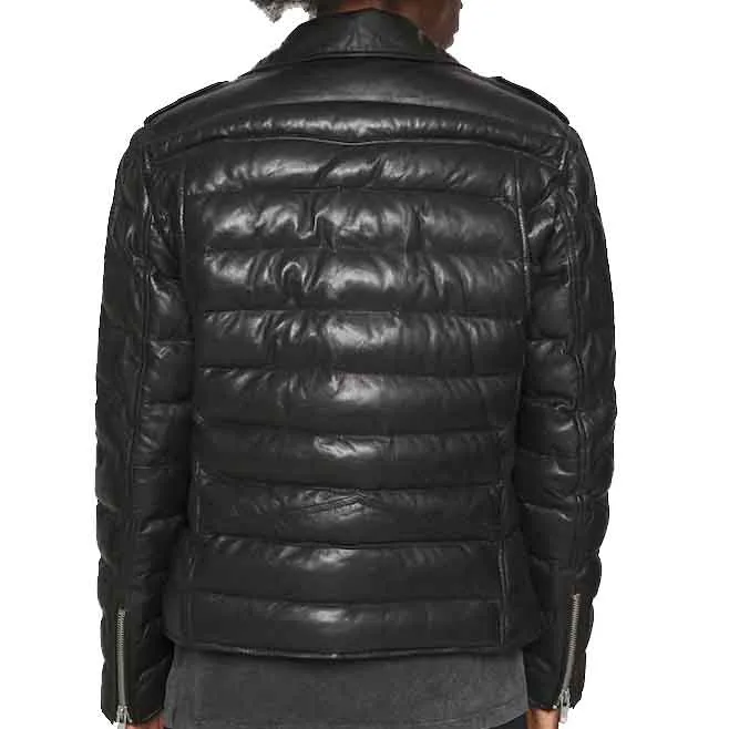 Mens Biker Style leather Puffer Jacket