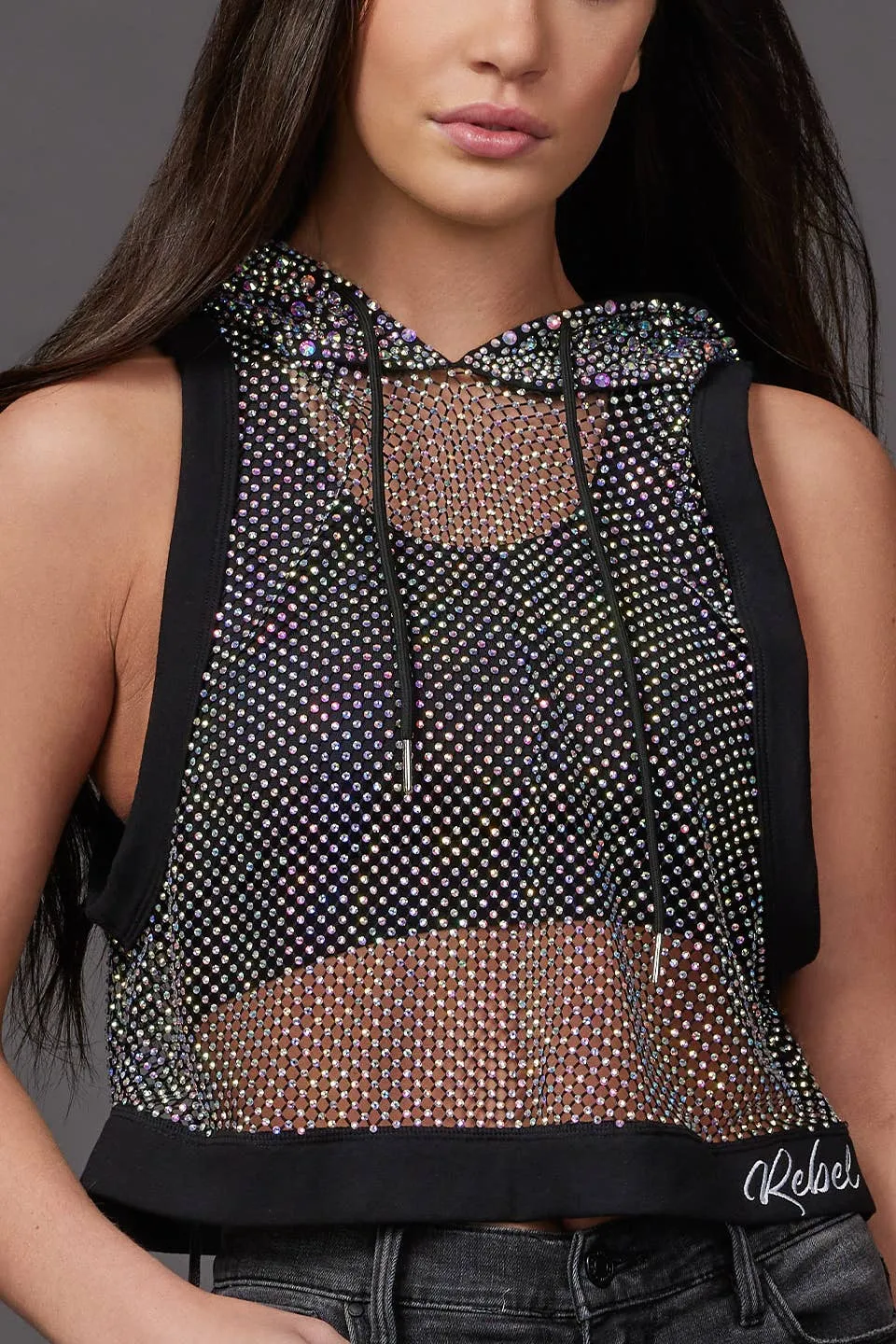 Mesh Crystal Couture Sleeveless Hoodie - Special Order