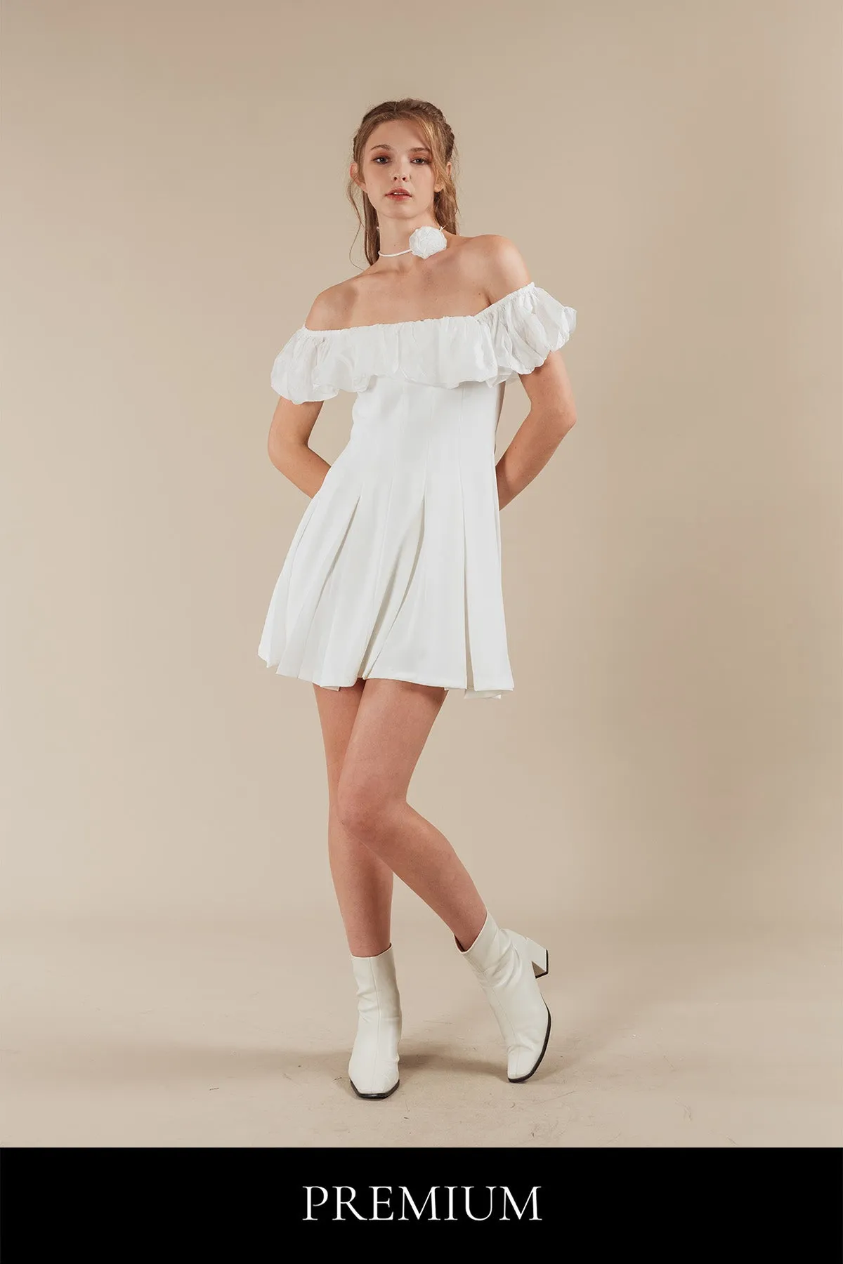 Mevelynn Rose Ribbon Tie Off Shoulder Short Dress