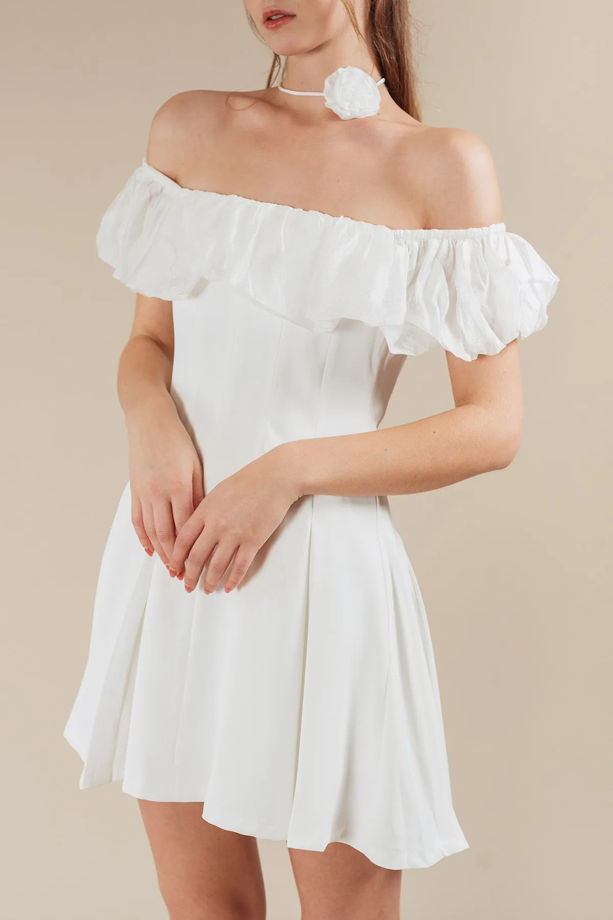 Mevelynn Rose Ribbon Tie Off Shoulder Short Dress