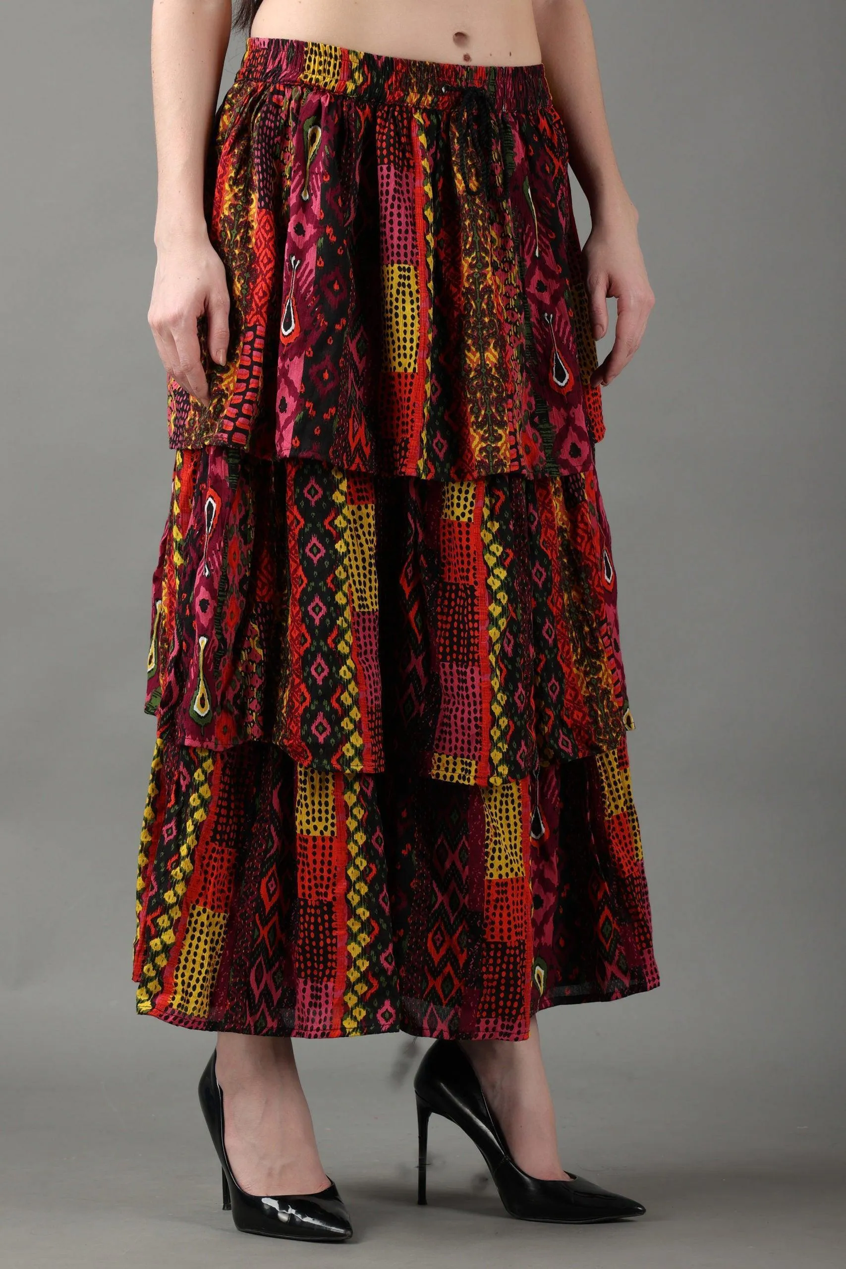 Multicolored Abstract Printed Layered Skirt