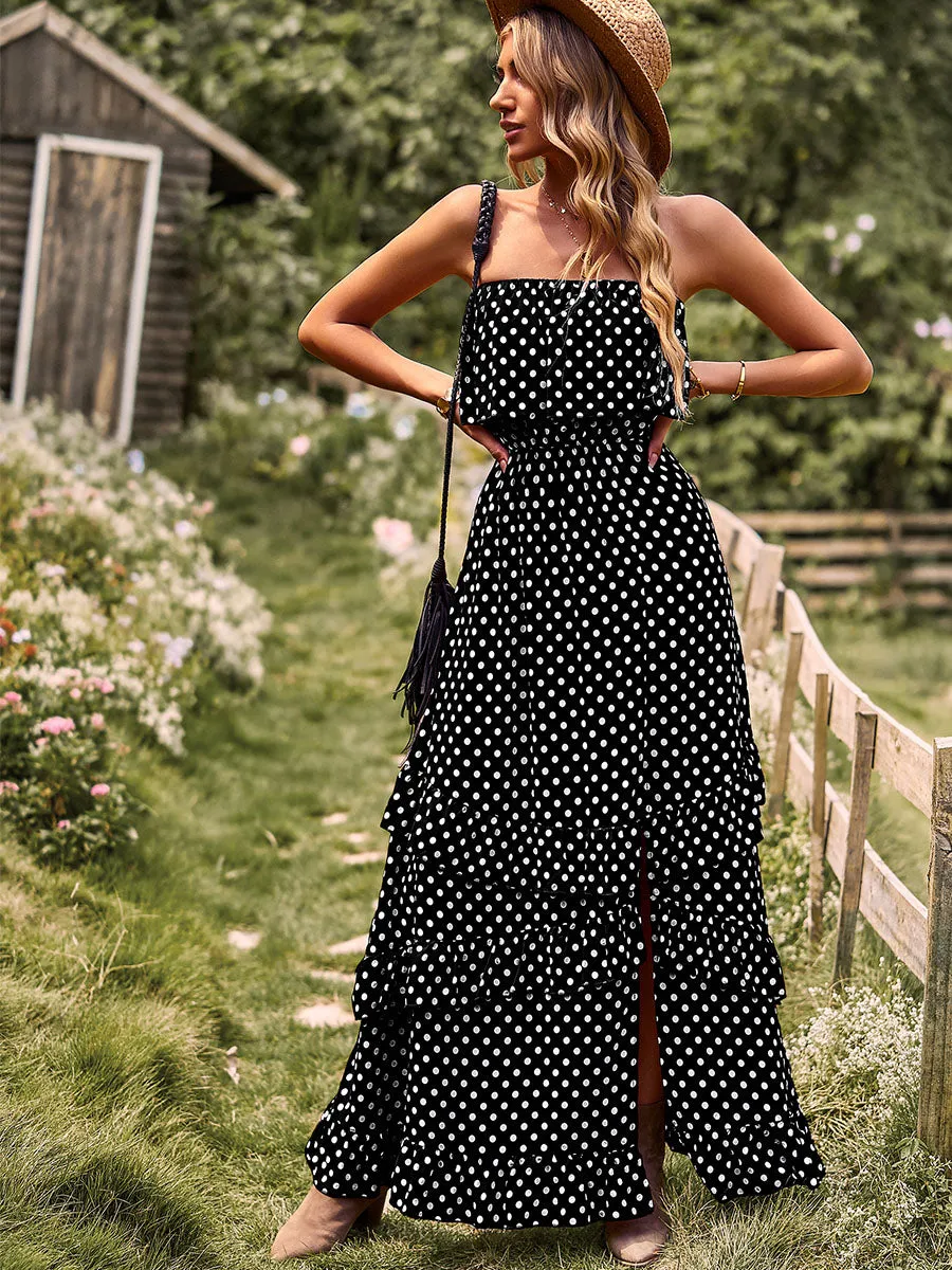 Off Shoulder Polka dots Split Skirt Layered Maxi Boho Dress