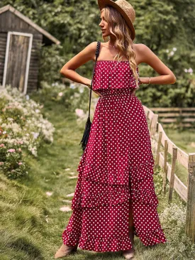 Off Shoulder Polka dots Split Skirt Layered Maxi Boho Dress