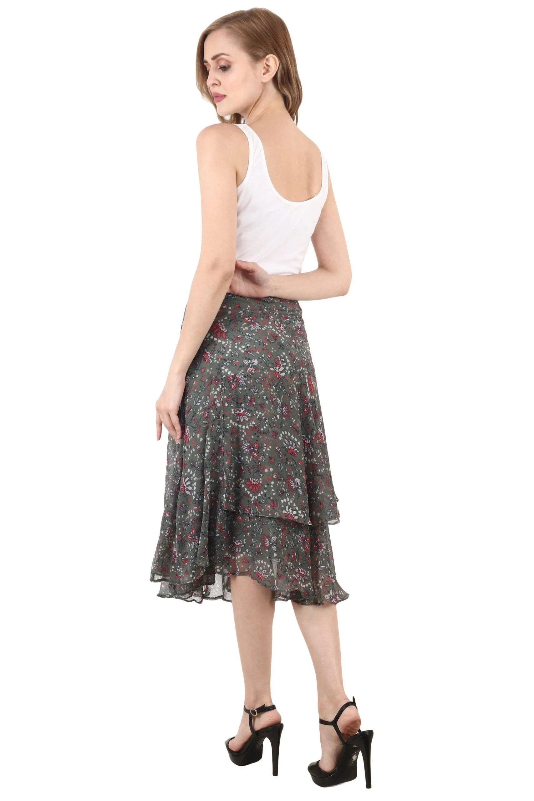 Olive Green Floral Printed Skirt