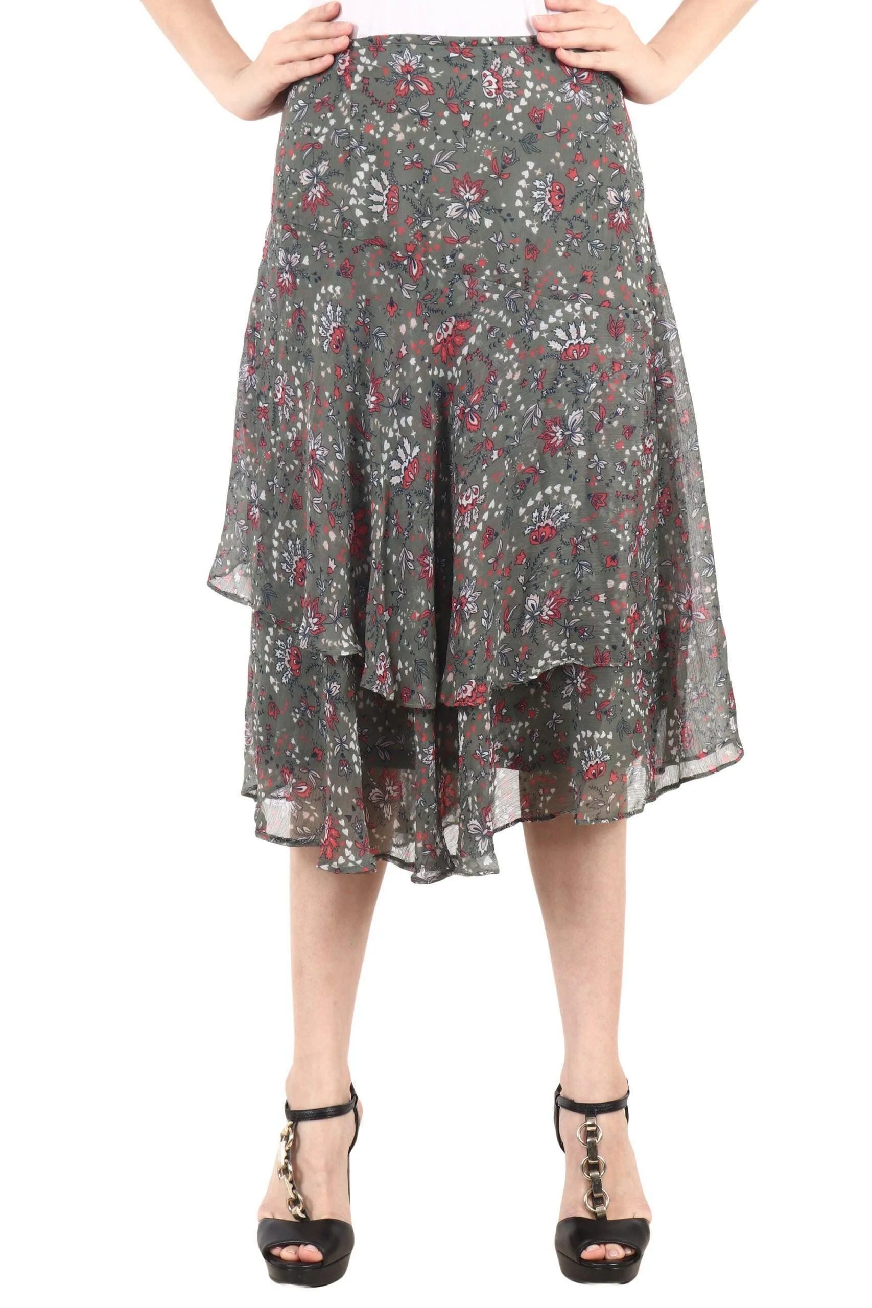 Olive Green Floral Printed Skirt