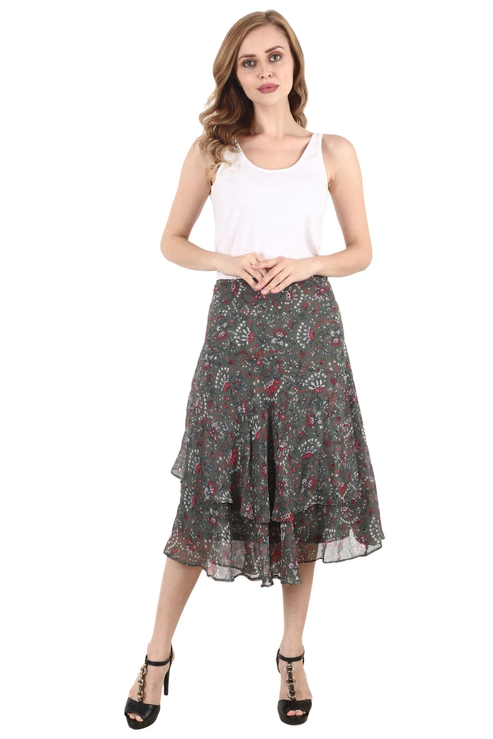 Olive Green Floral Printed Skirt