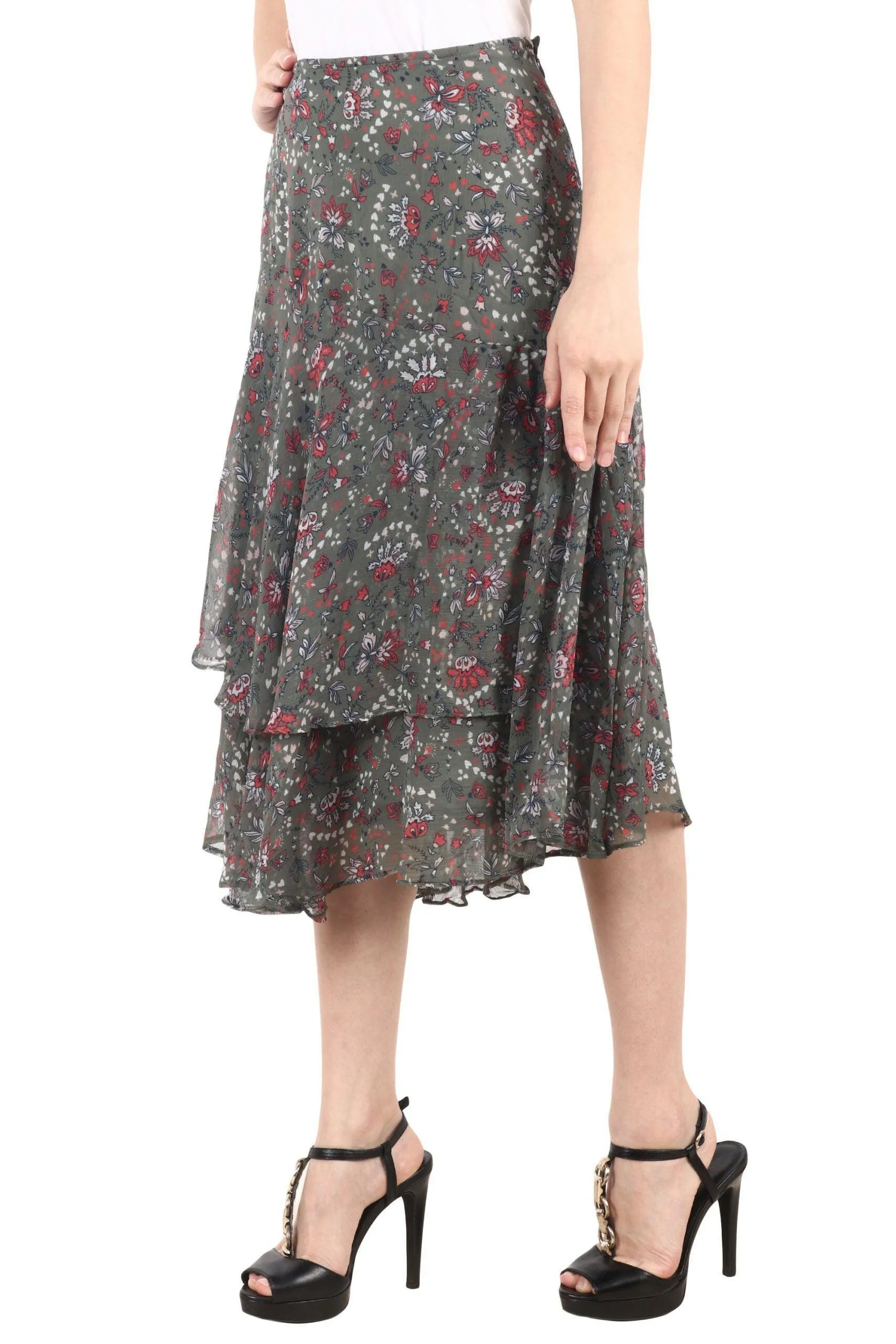 Olive Green Floral Printed Skirt