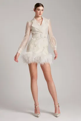 Ostrich Feather Embellished Silk Gazar Slim Mini Trench Dress in White