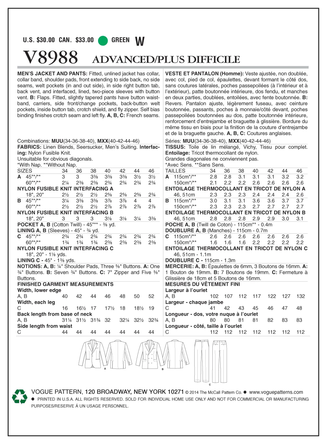 Pattern - Vogue - V8988 -  Men’s Jacket and Pants