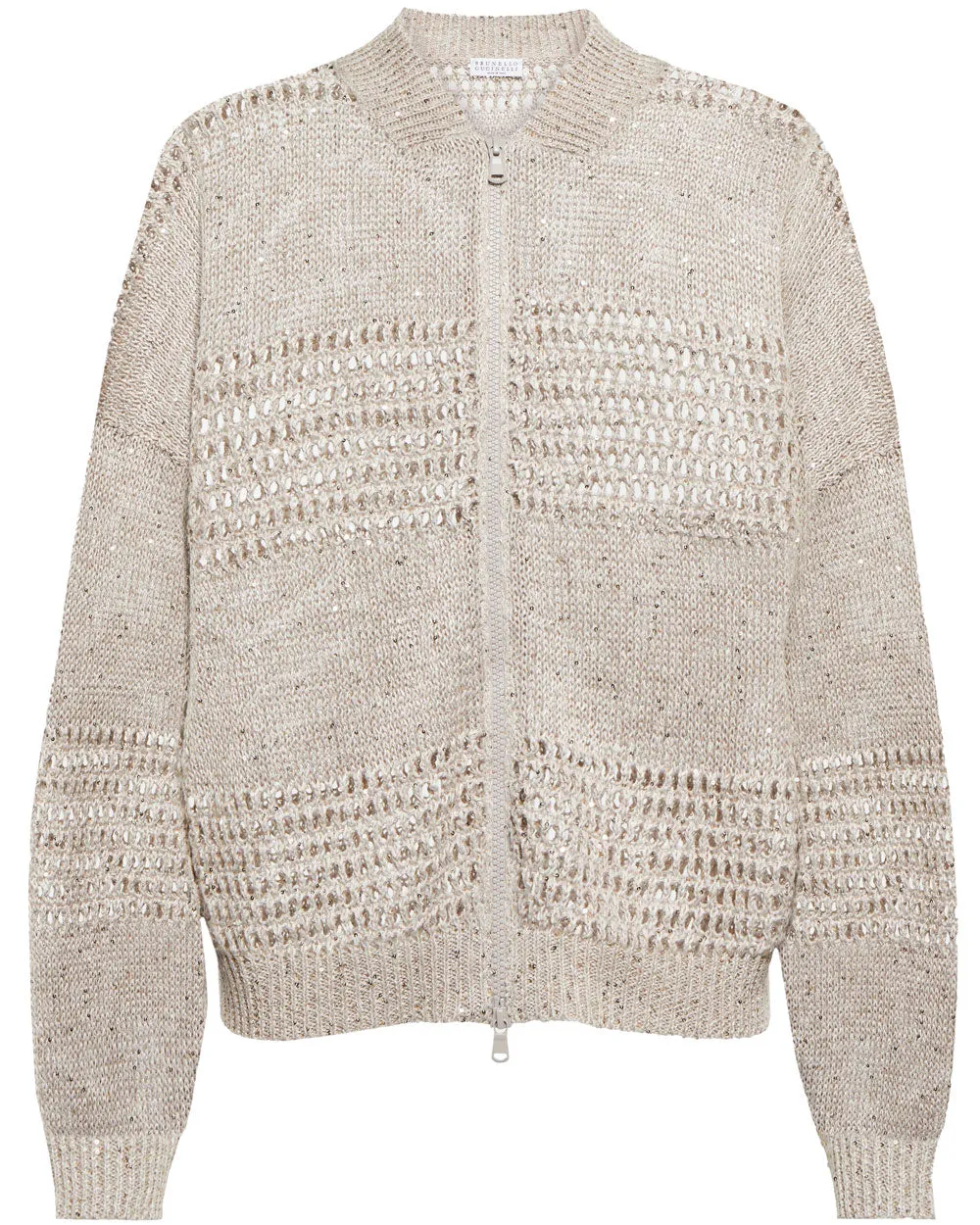 Pearl Grey Linen Paillette Knitted Bomber Jacket