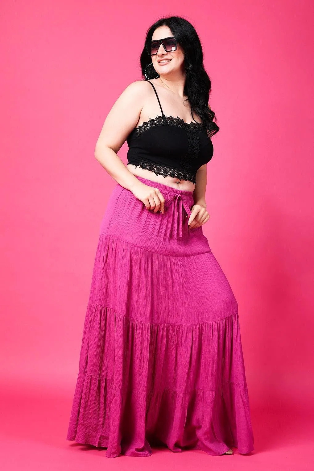 Pink Solid Layered Maxi Skirt