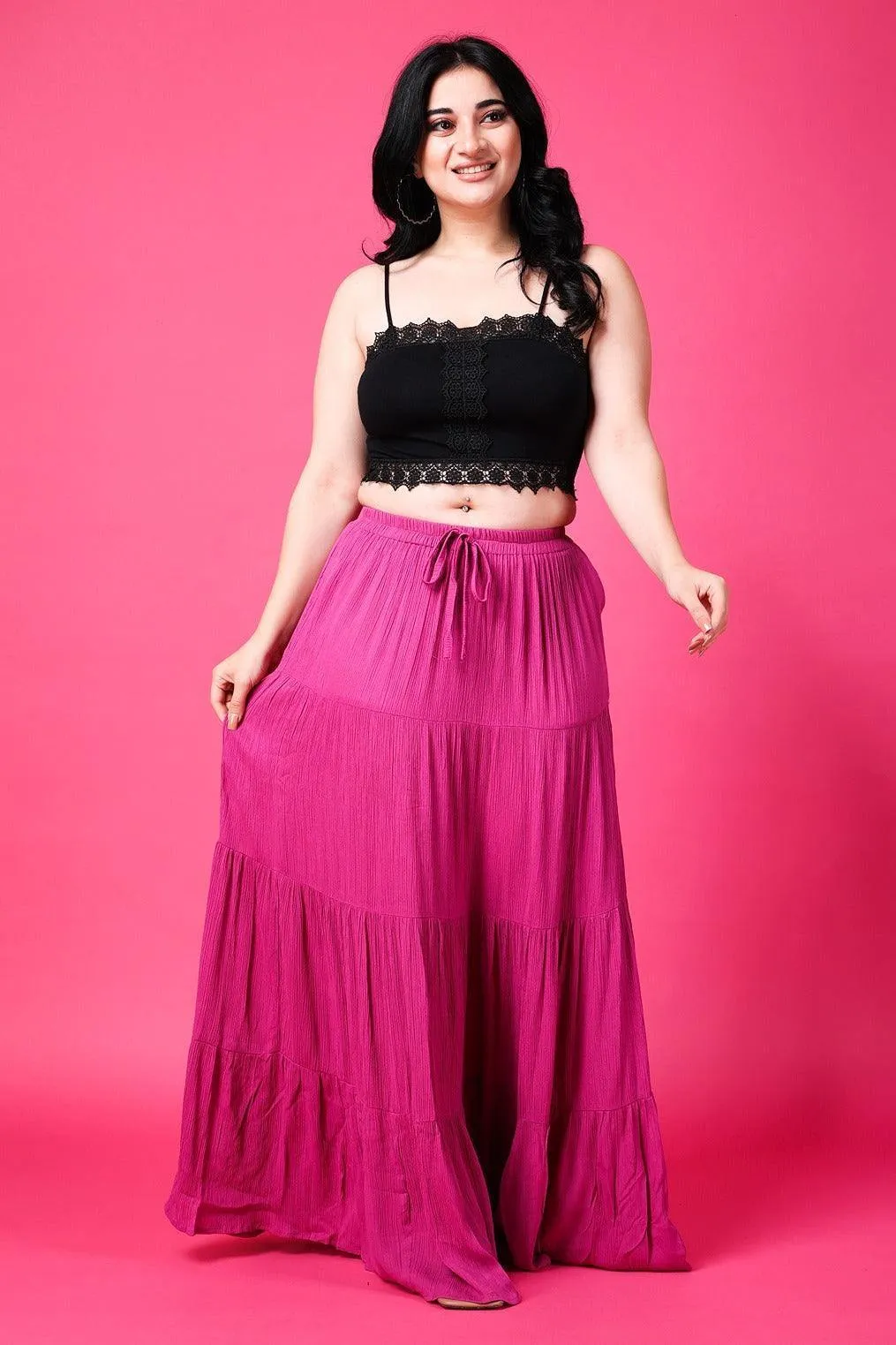 Pink Solid Layered Maxi Skirt