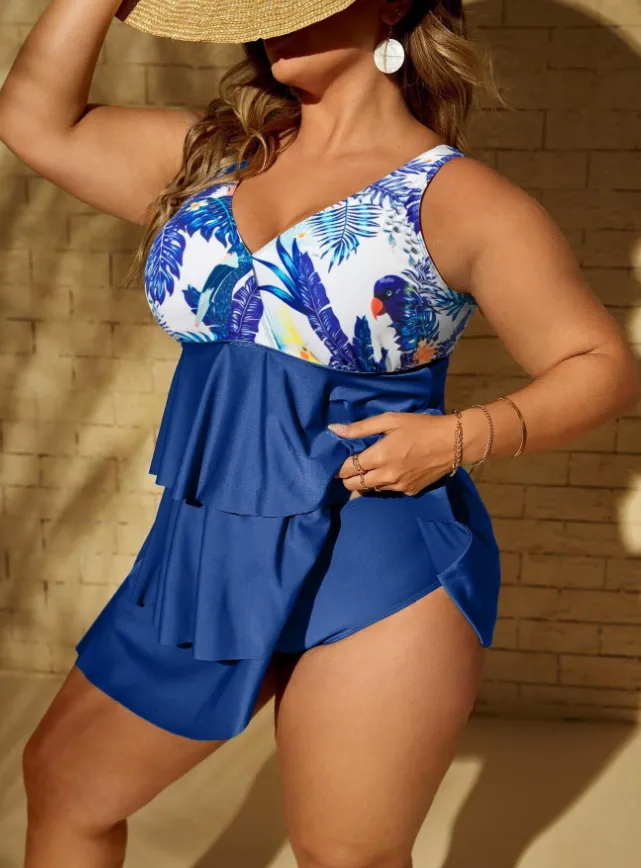 Plus Layered Ruffles Women Tankini Skirt with Bottoms Blue