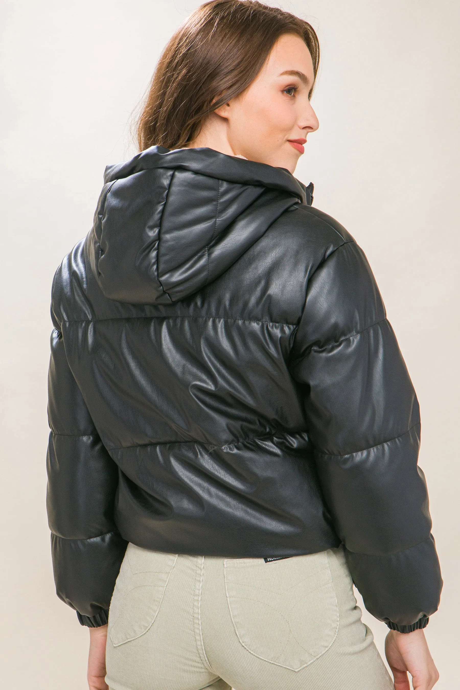 Pu Faux Leather Zipper Hooded Puffer Jacket