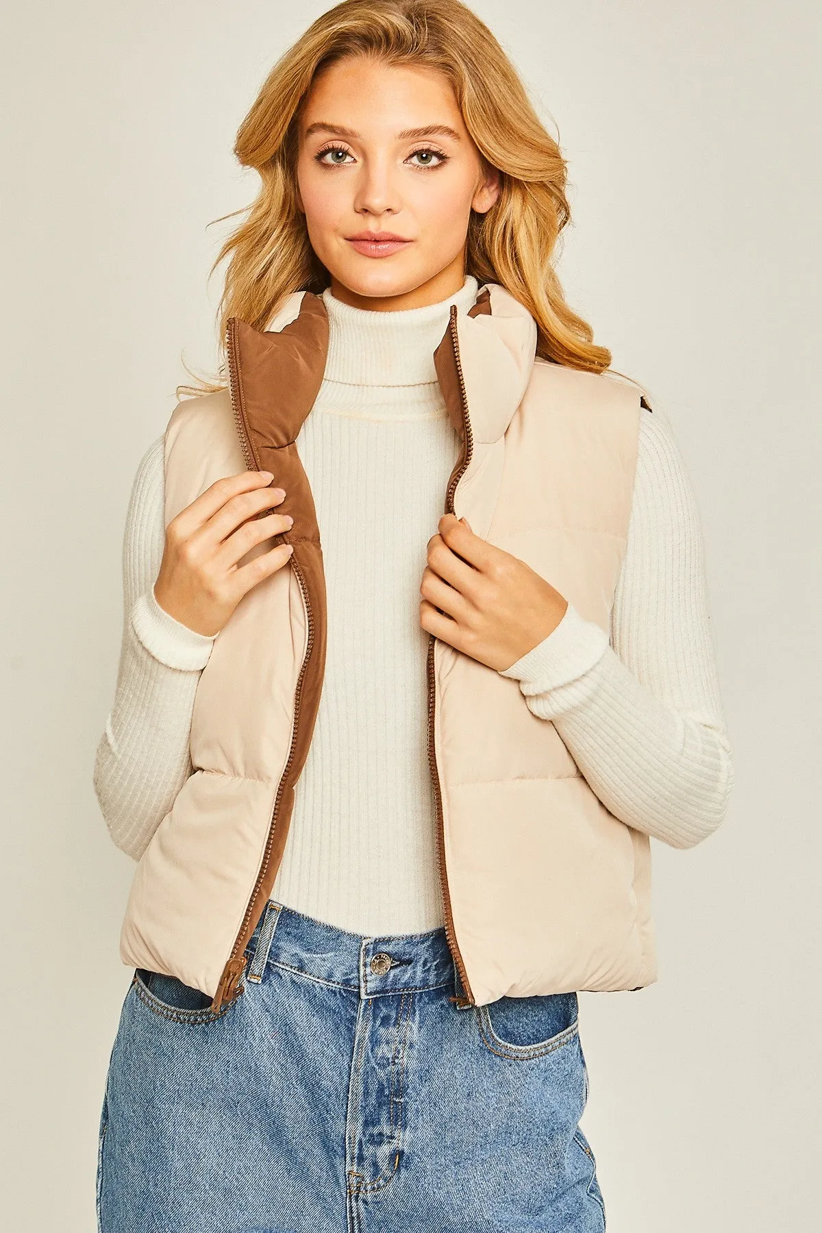 "Double Sided" Brown & Beige Reversible Puffer Vest