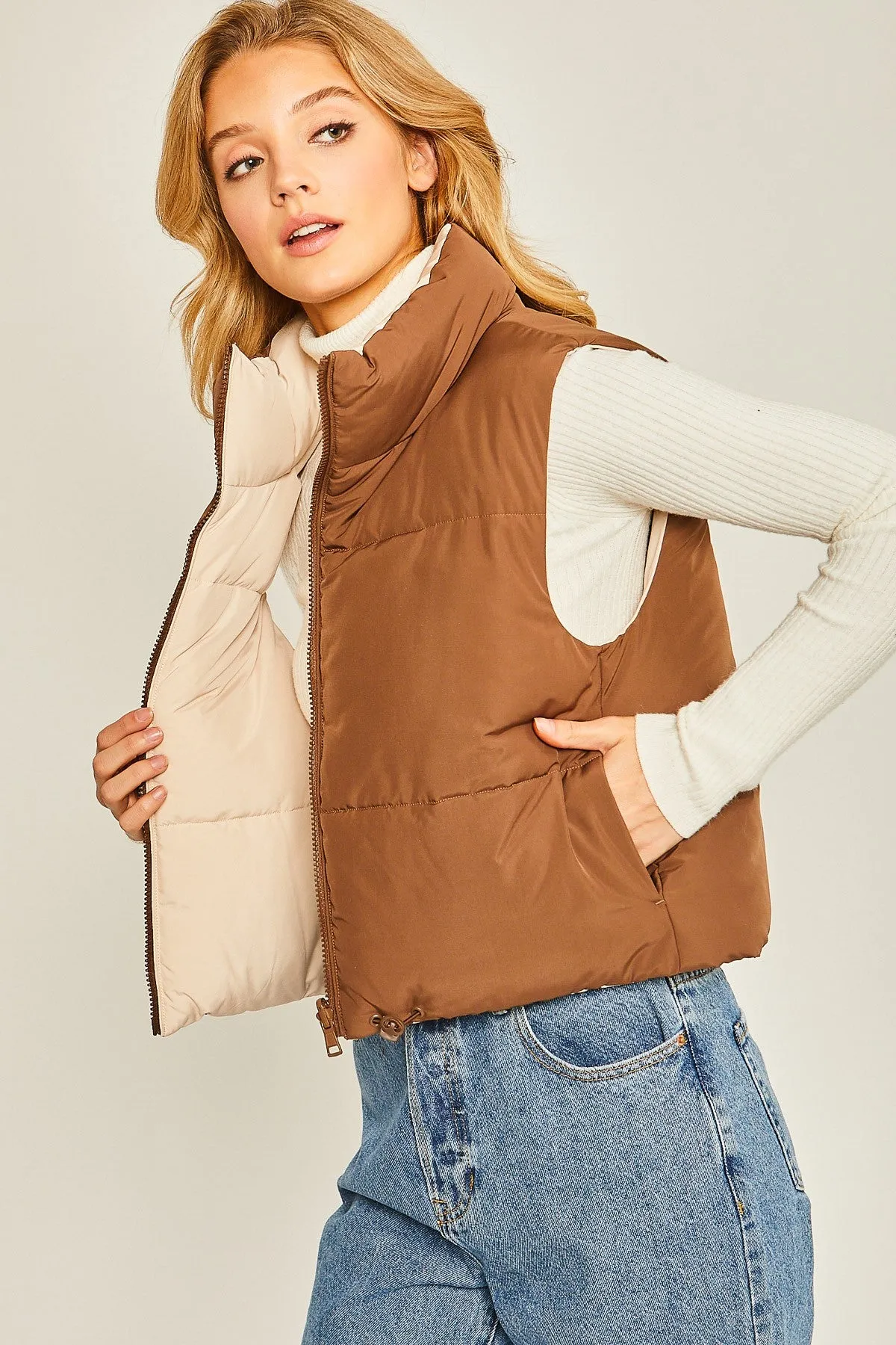 "Double Sided" Brown & Beige Reversible Puffer Vest