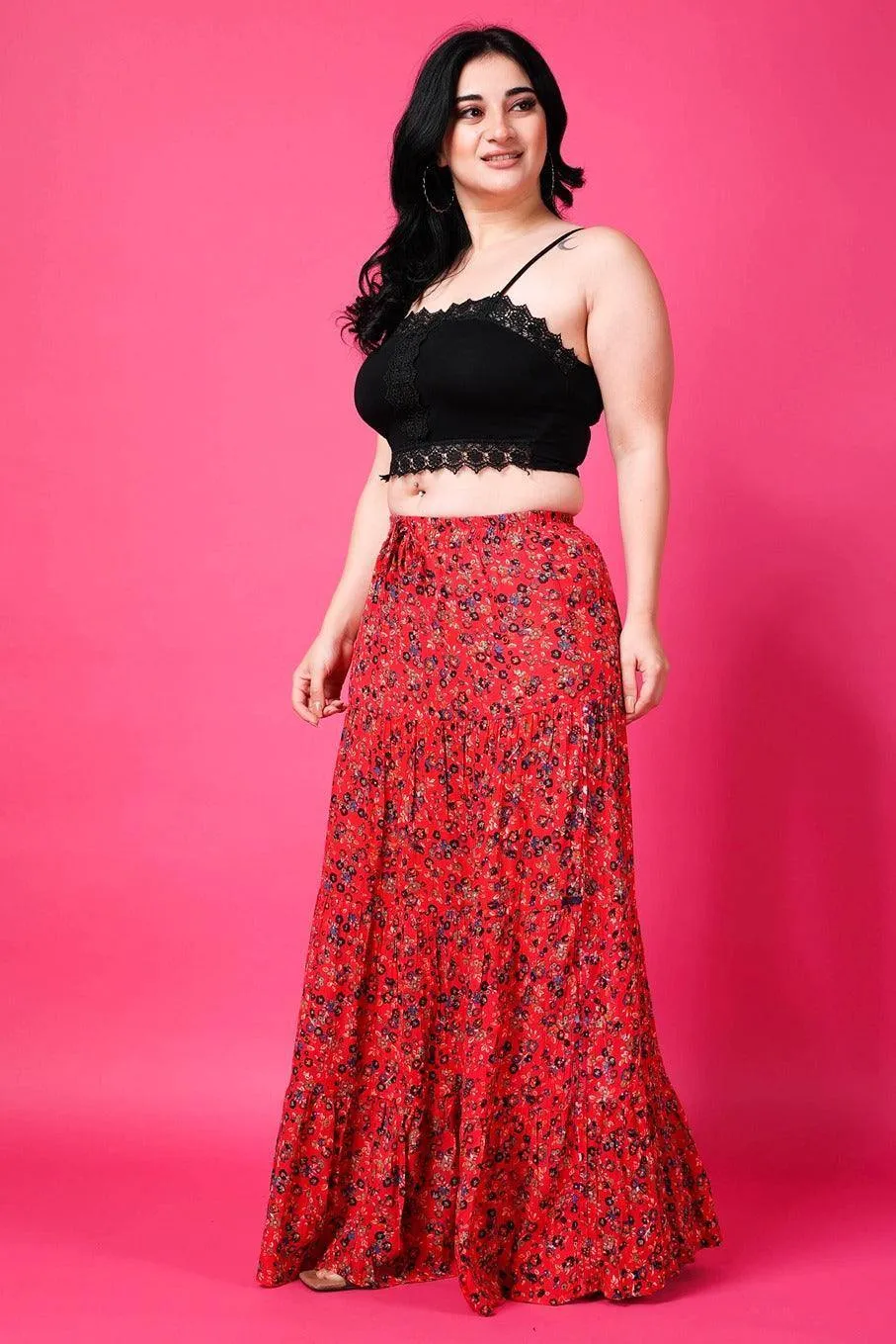 Red Floral Printed Maxi Skirt