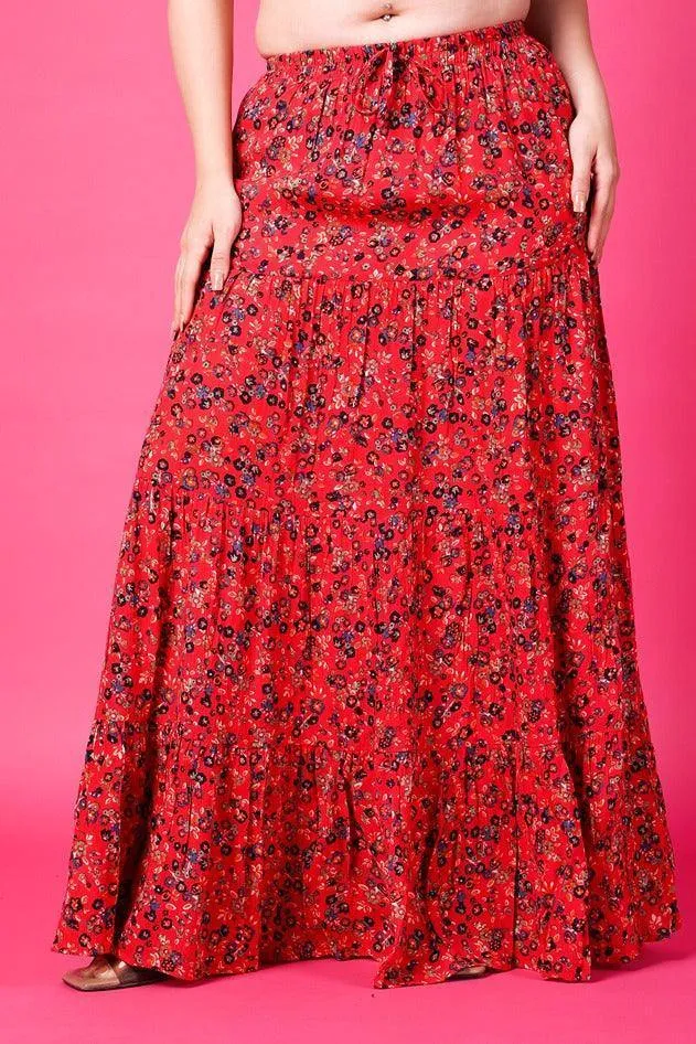 Red Floral Printed Maxi Skirt