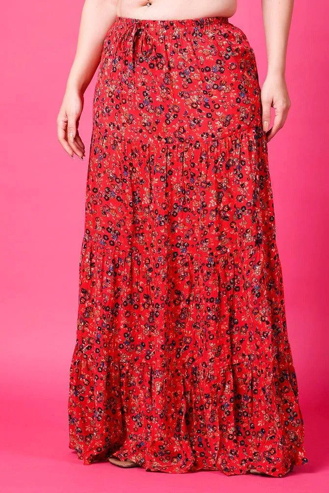 Red Floral Printed Maxi Skirt