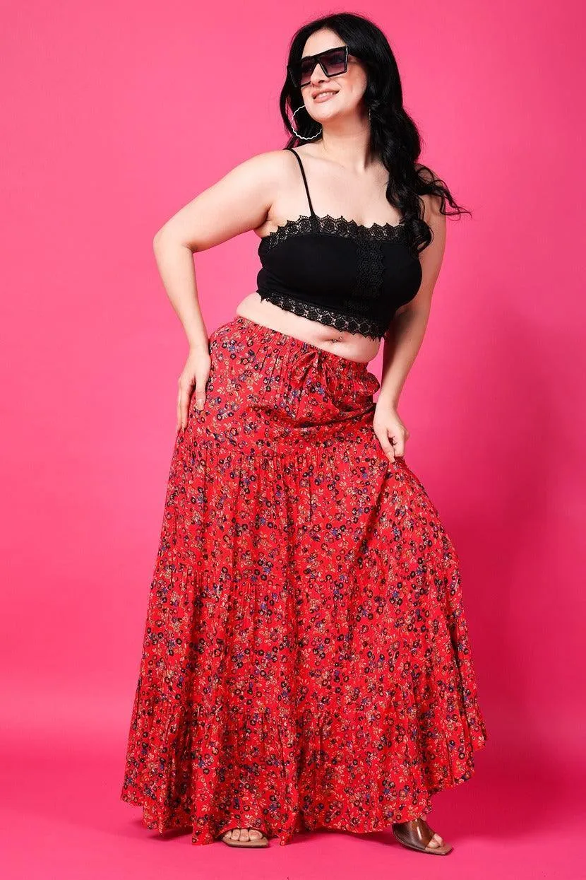 Red Floral Printed Maxi Skirt