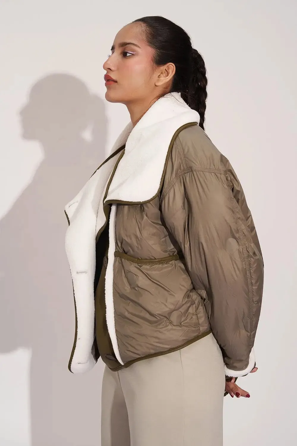 Retro Olive Double Breasted Puffer Jacket