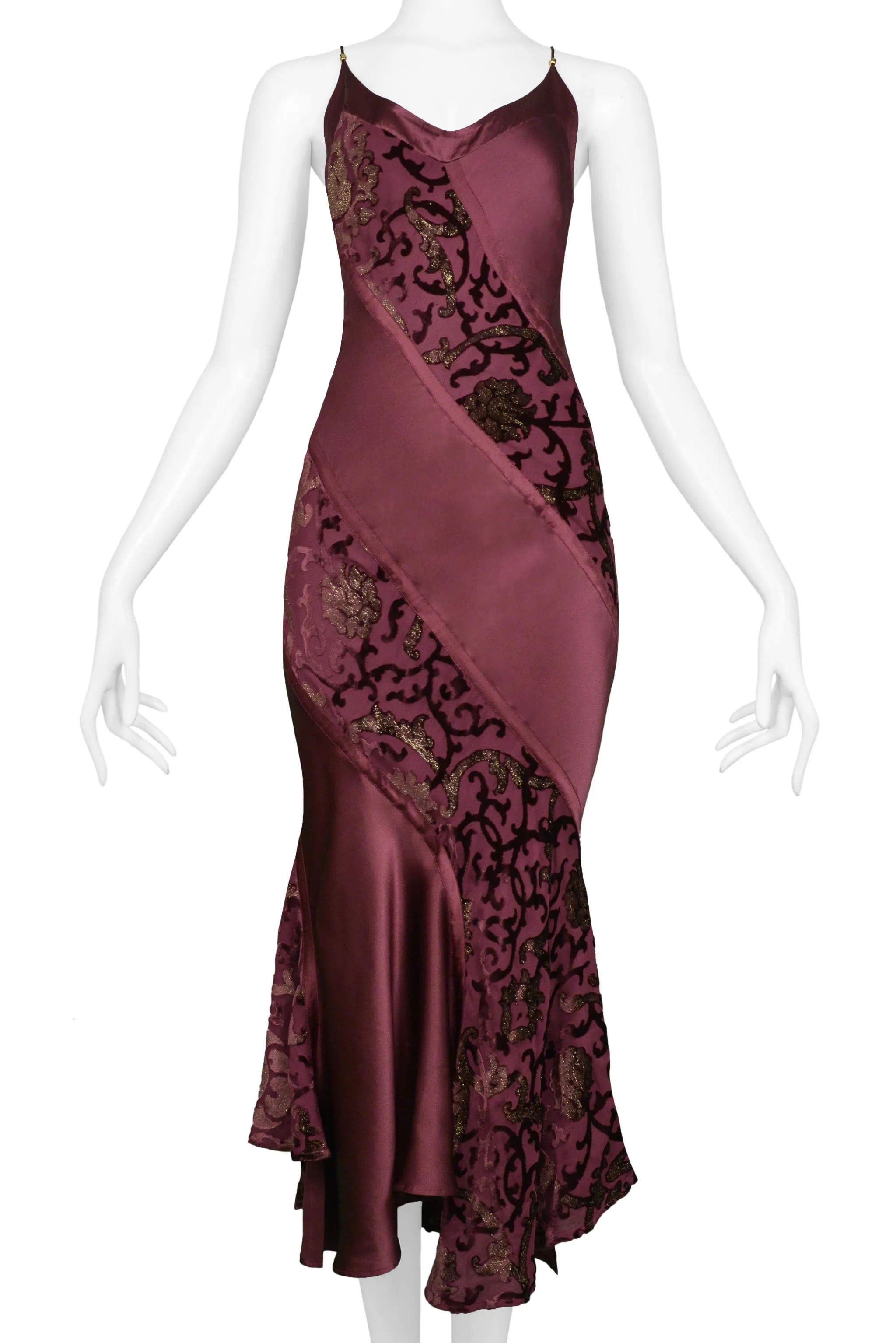 ROBERTO CAVALLI BURGUNDY SATIN SLIP DRESS WITH GOLD METALLIC PRINT