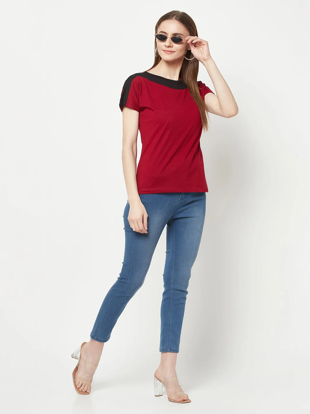 Sleek Women's Red Boat Neck T-shirt