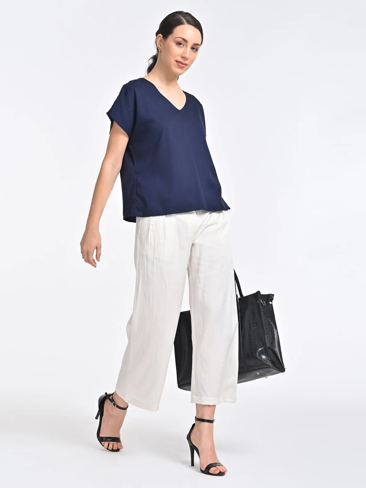 Solid Indigo V-Neck Top with Cream Trousers Coords Set