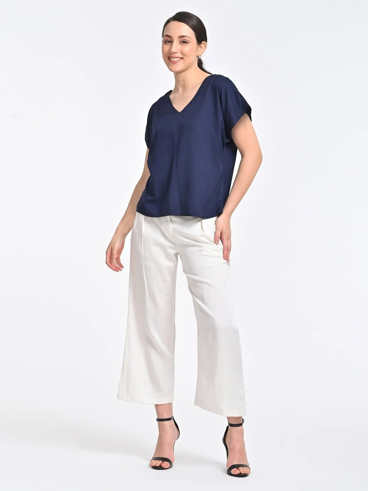 Solid Indigo V-Neck Top with Cream Trousers Coords Set