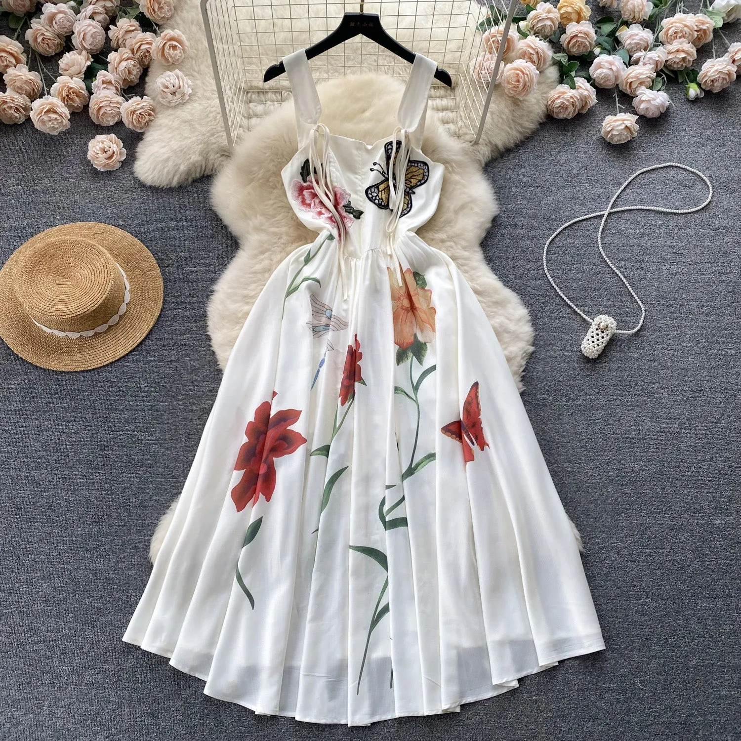 Stereoscopic Embroidered Floral Slip Dress