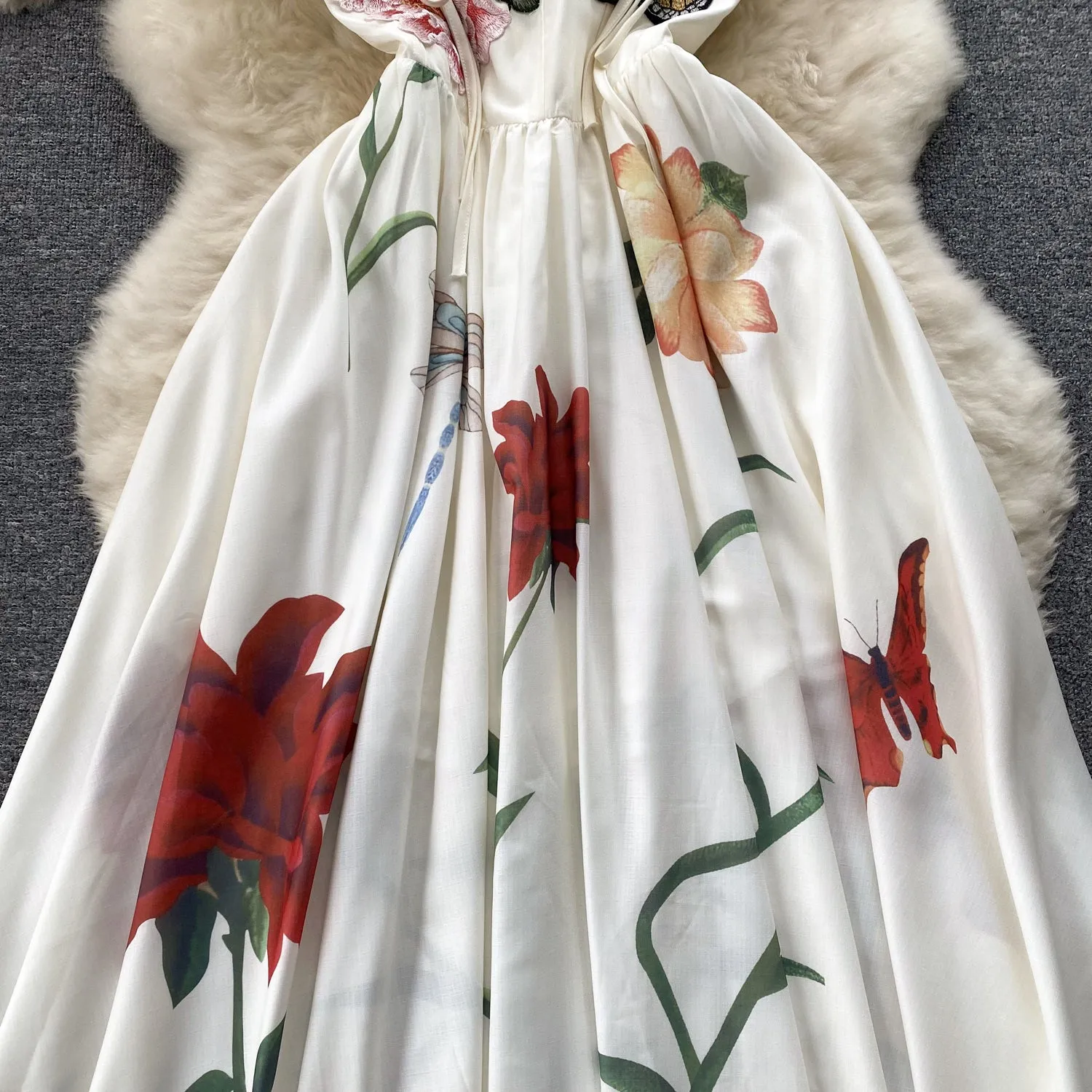 Stereoscopic Embroidered Floral Slip Dress