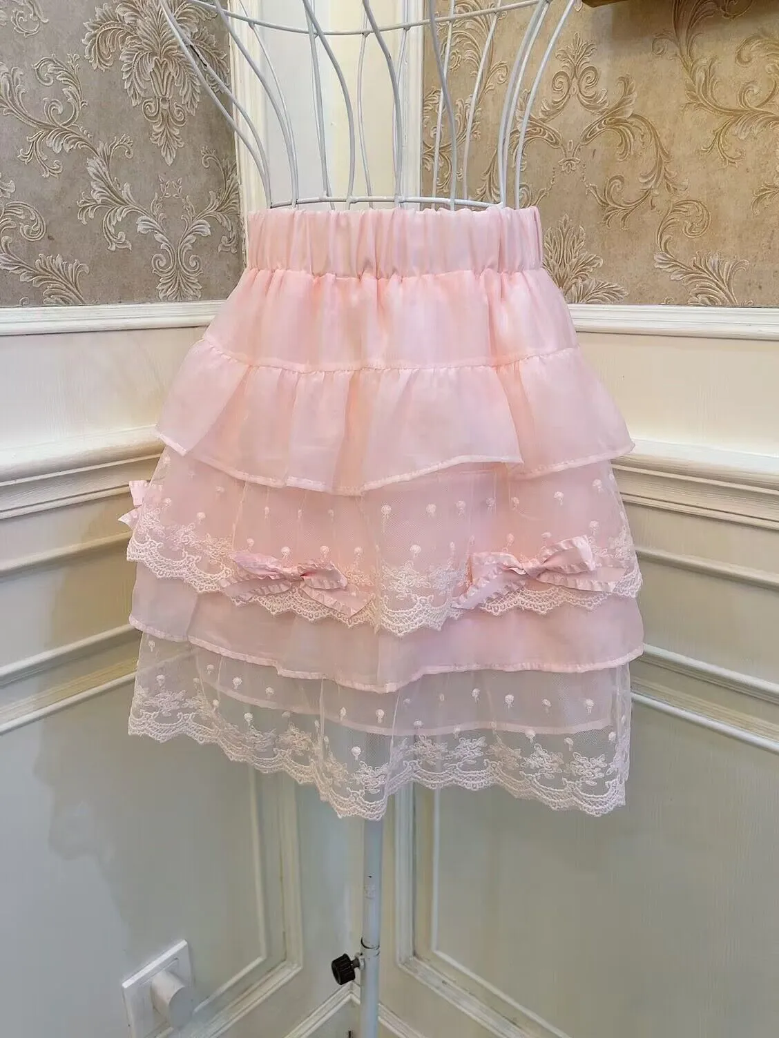 Sweetheart Princess Pastel Pink Cake Layered Lace Elastic Mini Skirt