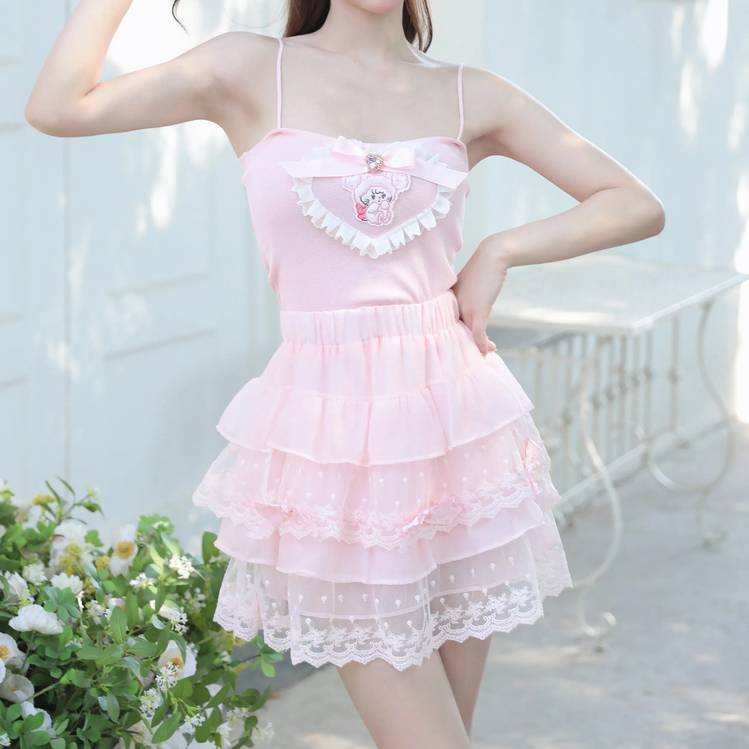 Sweetheart Princess Pastel Pink Cake Layered Lace Elastic Mini Skirt