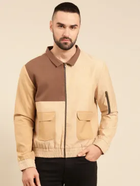 Tri Color Beige Khaki Cotton Bomber Jacket - MMBJ023