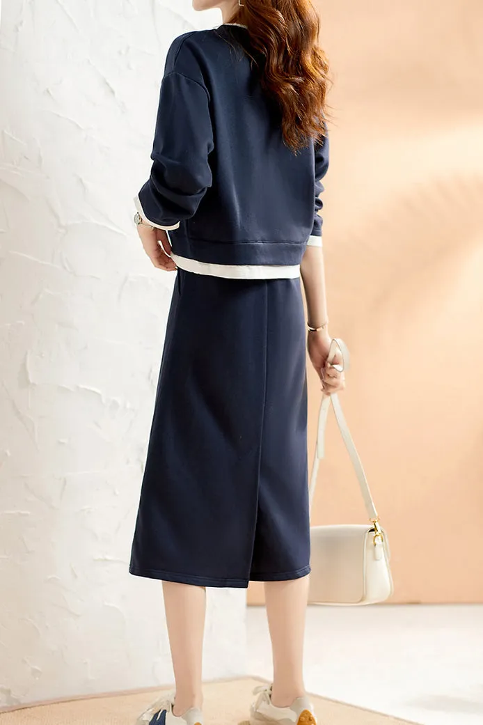 Two-Piece Set: Layered Look Round Neck Two-tone Contrast Knit Top   Drawstring Back Slit Knit Tight Skirt