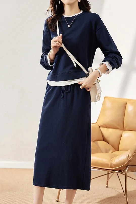 Two-Piece Set: Layered Look Round Neck Two-tone Contrast Knit Top   Drawstring Back Slit Knit Tight Skirt