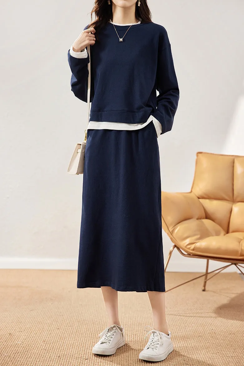 Two-Piece Set: Layered Look Round Neck Two-tone Contrast Knit Top   Drawstring Back Slit Knit Tight Skirt