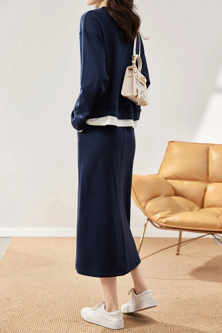 Two-Piece Set: Layered Look Round Neck Two-tone Contrast Knit Top   Drawstring Back Slit Knit Tight Skirt