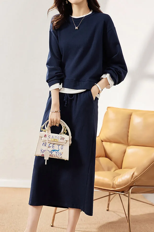 Two-Piece Set: Layered Look Round Neck Two-tone Contrast Knit Top   Drawstring Back Slit Knit Tight Skirt