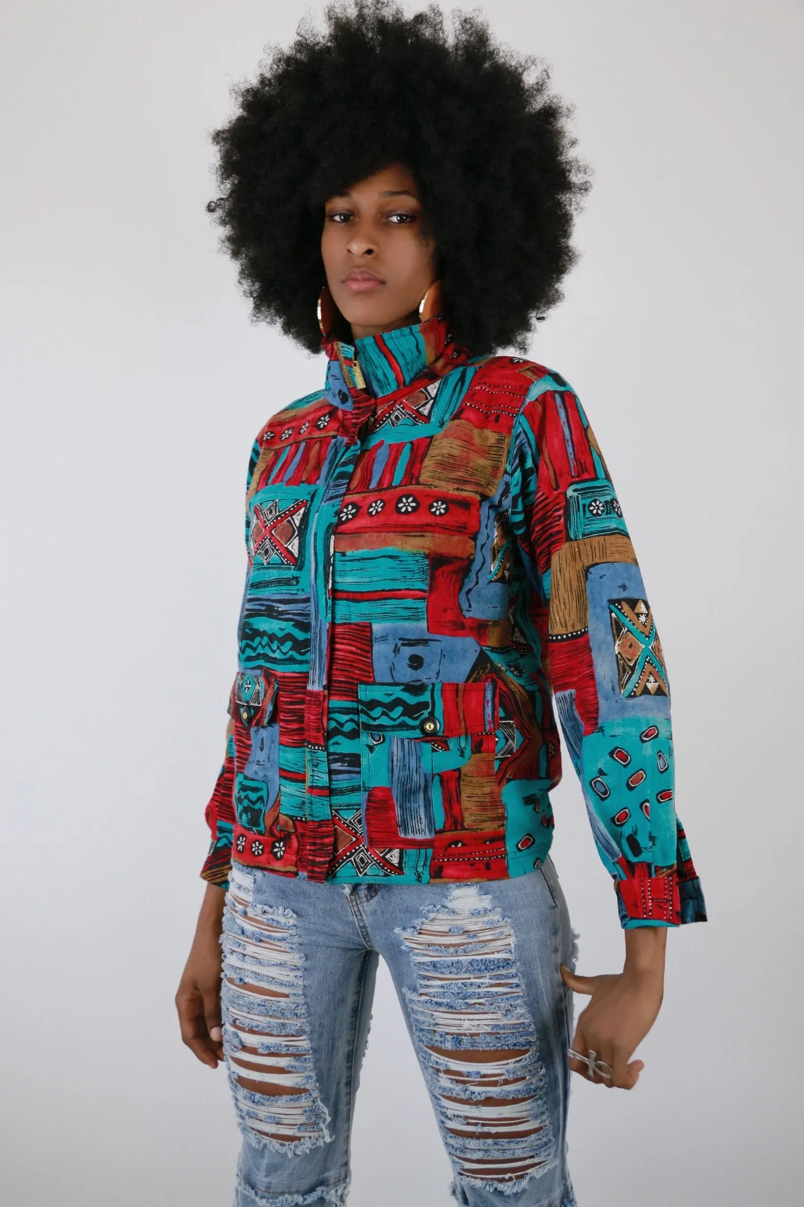 Vintage Oleg Cassini Raw Silk Tribal Bomber