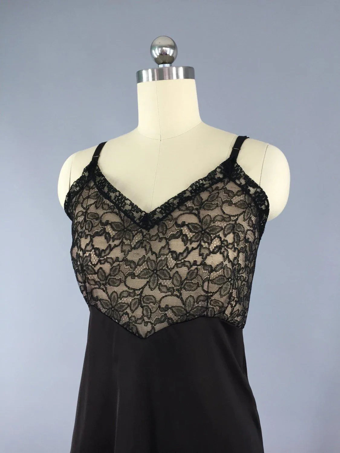 Vintage Slip / 1960s Black Lace Tulle