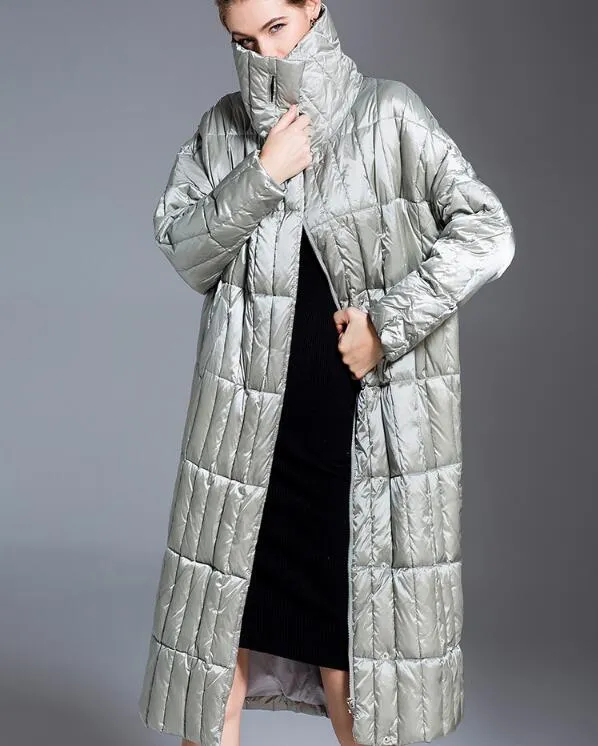 Waist Blet Long Loose Women Down Coat High Collar Winter Loose 90% Duck Down Jackets