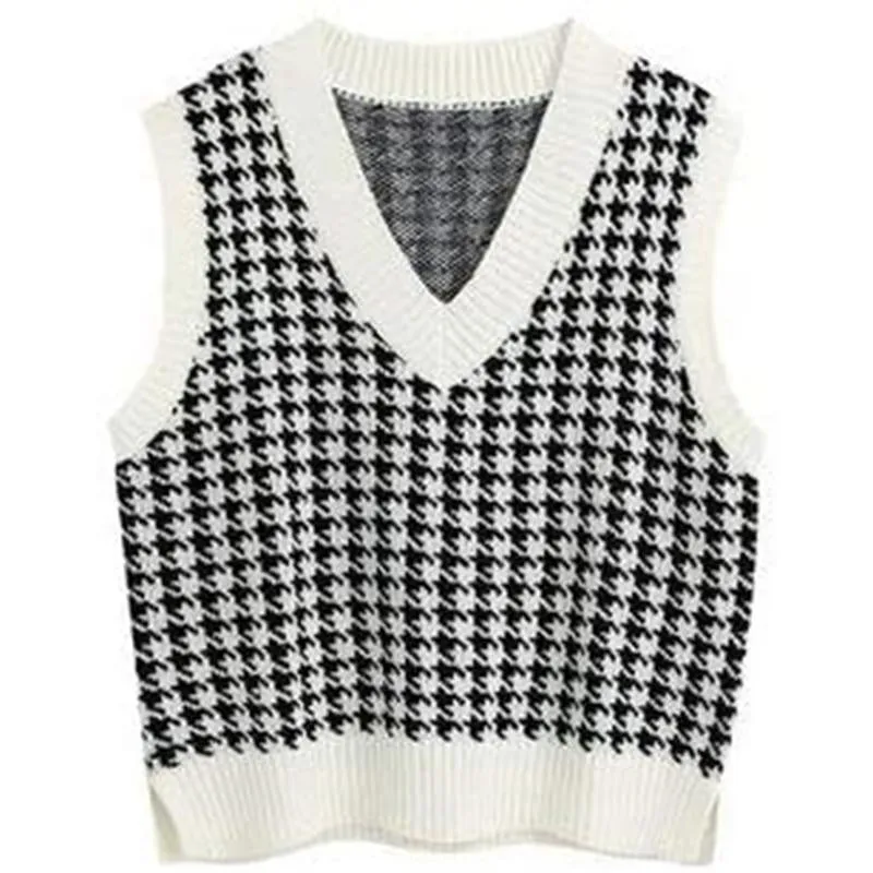 Winter fall pullover knit v neck plaid sweater vest women